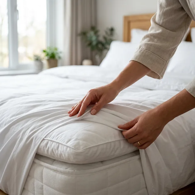 Detalle de costura artesanal en sábanas y funda de colchón premium