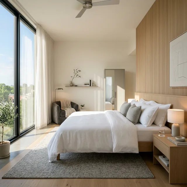 Recámara moderna con colchón premium iluminada por luz natural matutina