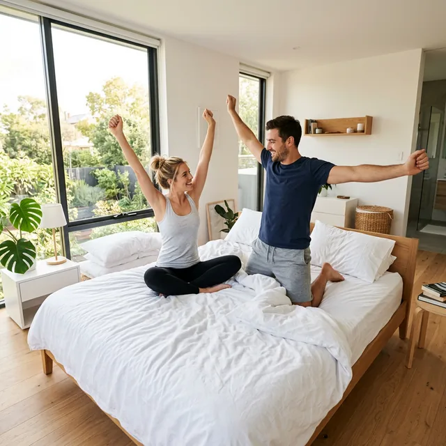 Pareja descansando en colchón Luuna con aislamiento de movimiento