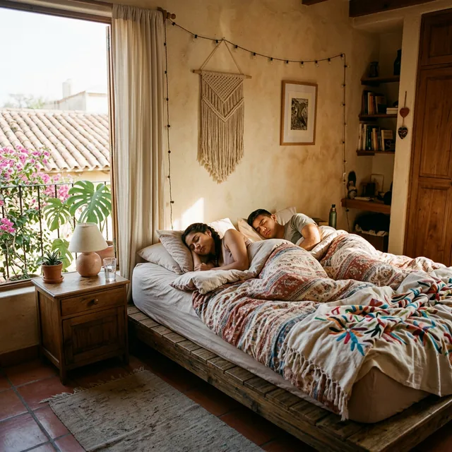 Colchón matrimonial en recámara decorada para parejas