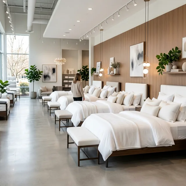 Interior de tienda de colchones con exhibición de modelos premium