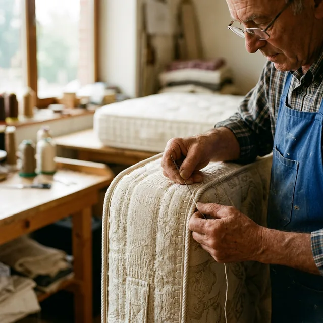 Artesano fabricando colchón Restonic con técnicas de calidad premium